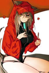 Rule 34 | 1girl, animal ears, arknights, casual one-piece swimsuit, closed mouth, ears through headwear, food, grey hair, highres, holding, holding food, hood, hood up, hooded jacket, jacket, looking at viewer, official alternate costume, one-piece swimsuit, open clothes, open jacket, popsicle, projekt red (arknights), projekt red (light breeze) (arknights), red jacket, simple background, swimsuit, tail, ub orca, wolf ears, wolf girl, wolf tail, yellow eyes