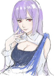 Rule 34 | 1girl, breasts, cleavage, cleavage cutout, clothing cutout, eyebrows hidden by hair, gundam, gundam zz, head tilt, long hair, looking to the side, medium breasts, nekkikamille, open hand, purple hair, red eyes, roux louka, shoulder cutout, sketch, solo, upper body, white background