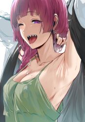 Rule 34 | 1girl, adjusting hair, armpits, arms behind head, arms up, bocchi the rock!, braid, breasts, camisole, cleavage, collarbone, green camisole, hair over shoulder, hews, highres, hiroi kikuri, large breasts, long hair, looking at viewer, no bra, one eye closed, piercing, purple eyes, purple hair, saliva, sharp teeth, single braid, smile, solo, sweat, teeth, tongue, tongue out, tongue piercing
