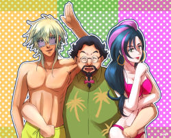 Rule 34 | 10s, 1girl, 2boys, :d, abs, arm around waist, bikini, black hair, blonde hair, breasts, charaleet (precure), cleavage, daigan (precure), drawstring, earrings, facial hair, glasses, green eyes, hand up, hawaiian shirt, hoop earrings, hugtto! precure, jewelry, lipstick, looking at viewer, makeup, male swimwear, multicolored hair, multiple boys, open mouth, papple (precure), pink bikini, pink hair, polka dot, polka dot background, ponytail, precure, shara-soju, shirt, smile, standing, sunglasses, swim trunks, swimsuit, two-tone hair, yellow male swimwear, yellow swim trunks