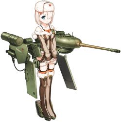 Rule 34 | 1girl, bare shoulders, blue eyes, boots, cannon, child, full body, hair ornament, hairclip, hat, hidden eyes, jacket, looking at viewer, mecha musume, official art, one eye covered, panzer waltz, personification, short hair, shy, solo, t-34-100 (panzer waltz), tama (tamatamo), thigh boots, thighhighs, thighs, transparent background, white hair