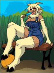 Rule 34 | 1girl, bench, blonde hair, breasts, cleavage, dark-skinned female, dark skin, elbow gloves, eyebrows, farm, female focus, fingerless gloves, food, full body, fur trim, gloves, grasslands, holding, hooves, horns, hypfoo, ice cream, large breasts, looking at viewer, monster girl, monster musume no iru nichijou, overalls, platinum blonde hair, pointy ears, popsicle, popsicle stick, pumpkin, red eyes, saane (monster musume), satyr, sitting, solo, tail, thick thighs, thighs, tongue, tongue out
