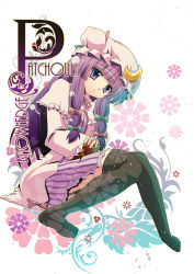 Rule 34 | 1girl, black thighhighs, book, capelet, coat, crescent, dress, female focus, flower, garter straps, hair ribbon, hat, iroha tooko, knees together feet apart, long hair, patchouli knowledge, purple dress, purple eyes, purple hair, ribbon, sitting, solo, striped clothes, striped dress, thighhighs, touhou