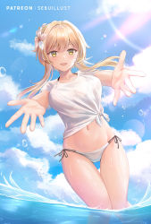 Rule 34 | 1girl, :d, bikini, bikini under clothes, blonde hair, blue sky, blush, breasts, cloud, commentary request, crop top, day, dutch angle, flower, genshin impact, hair flower, hair ornament, halterneck, highres, large breasts, looking at viewer, lumine (genshin impact), midriff, navel, no pants, open mouth, outstretched arms, partial commentary, patreon username, sebu illust, shirt, short hair with long locks, short sleeves, side-tie bikini bottom, sidelocks, sky, smile, solo, stomach, string bikini, sunlight, swimsuit, thigh gap, thighs, tied shirt, wading, water, water drop, white bikini, white shirt, yellow eyes