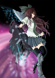 Rule 34 | 1girl, alternate weapon, arm cannon, armor, asymmetrical clothes, asymmetrical footwear, black thighhighs, boots, bow, brown hair, cape, female focus, hair bow, high heels, mismatched footwear, plaid, pleated skirt, red eyes, reiuji utsuho, shoes, skirt, smine, smine (artist), solo, thighhighs, touhou, weapon, wings, zettai ryouiki