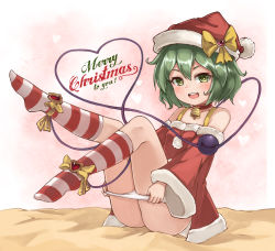 Rule 34 | 1girl, alternate costume, ankle ribbon, ass, bare shoulders, bow, dress, english text, full body, green eyes, green hair, hat, hat bow, heart, heart-shaped pupils, highres, kneehighs, komeiji koishi, leg ribbon, legs up, looking at viewer, merry christmas, neck bell, open mouth, panties, panty pull, pom pom (clothes), pulled by self, red dress, red hat, ribbon, santa costume, santa hat, sitting, smile, socks, solo, striped clothes, striped socks, symbol-shaped pupils, third eye, touhou, underwear, white panties, yangshangshu, yellow bow, yellow ribbon