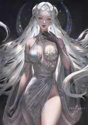 Rule 34 | \||/, artist name, bare shoulders, black background, breasts, closed mouth, crescent moon, detached sleeves, double bun, forehead, forehead jewel, grey eyes, grey hair, hair bun, highres, long hair, looking at viewer, medium breasts, moon, nostrils, original, serafleur, shadow, signature, simple background, solo, sparkle, thighs, white hair, wide sleeves