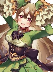 Rule 34 | 1girl, black bow, blunt bangs, blush, bow, breasts, brown hair, commentary request, diamond (shape), double-parted bangs, dress, ear covers, green dress, green jacket, hair between eyes, hands up, highres, jacket, large breasts, layered dress, long hair, looking at viewer, multicolored hair, myapicho, open mouth, red eyes, satono diamond (umamusume), single ear cover, sleeves past fingers, sleeves past wrists, streaked hair, umamusume, umapyoi densetsu, upper body, waist bow, white background, white hair