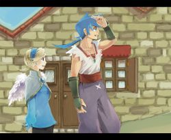 Rule 34 | 1boy, 1girl, angel wings, blonde hair, blue eyes, blue hair, breasts, breath of fire, breath of fire iv, brooch, building, commentary request, door, dress, hairband, jewelry, nina (breath of fire iv), outdoors, pantyhose, ponytail, ryuu (breath of fire iv), short hair, window, wings