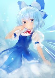 Rule 34 | 1girl, adapted costume, alternate costume, blue background, blue dress, blue eyes, blue hair, bow, cirno, detached collar, dress, fairy, gradient background, hair bow, hair ornament, ice, ice wings, jpeg artifacts, looking at viewer, matching hair/eyes, matsuda (matsukichi), puffy sleeves, short hair, short sleeves, simple background, smirk, solo, teeth, touhou, vest, wings