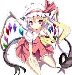 Rule 34 | 1girl, aa44, ascot, blonde hair, crystal, dress, embodiment of scarlet devil, female focus, flandre scarlet, hand on leg, hat, hat ribbon, pink eyes, ribbon, side ponytail, simple background, sitting, smile, solo, touhou, wariza, white background, wings