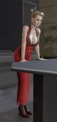Rule 34 | 1girl, 20s, 3d, against desk, animated, arm support, black bra, blender (medium), blonde hair, blue eyes, bouncing, bouncing breasts, bra, bracelet, breasts, cleavage, dancing, desk, dress, earrings, eyeshadow, female focus, final fantasy, final fantasy vii, final fantasy vii remake, full body, heels, high heels, highres, indoors, jewelry, lace, lace-trimmed bra, lace trim, large breasts, lazyprocrastinator, lipstick, long dress, looking to the side, looping animation, makeup, medium hair, nail polish, necklace, office, pantyhose, plant, red dress, red footwear, red lips, red nails, satin, satin dress, scarlet (ff7), shoes, side slit, solo, square enix, swaying, swinging, teasing, underwear, video