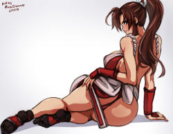 Rule 34 | 1girl, ass, blush, breasts, brown hair, fatal fury, large breasts, lipstick, long hair, makeup, ponytail, shiranui mai, snk, socks, solo, the king of fighters
