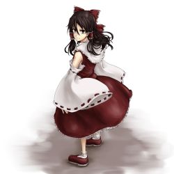 Rule 34 | 1girl, bad id, bad twitter id, bobby socks, bow, brown eyes, brown hair, detached sleeves, dress, equala, expressionless, frilled shirt collar, frills, from behind, full body, hair bow, hair tubes, hakurei reimu, long hair, long skirt, looking at viewer, looking back, shoes, simple background, skirt, skirt set, socks, solo, touhou, white background, wide sleeves