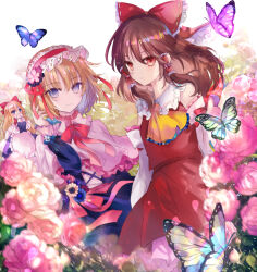 Rule 34 | 2girls, alice margatroid, animal, ascot, bare shoulders, blonde hair, blue dress, blue eyes, bow, brown hair, bug, butterfly, capelet, commission, detached sleeves, dress, flower, hair bow, hair tubes, hairband, hakurei reimu, insect, japanese clothes, kazu (muchuukai), lolita hairband, long hair, multiple girls, nontraditional miko, pink flower, red bow, red eyes, red hairband, shanghai doll, short hair, sidelocks, skeb commission, touhou, white capelet, white sleeves, wide sleeves, yellow ascot