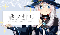 Rule 34 | 1girl, black coat, black hat, blue background, blue eyes, blue flower, blue rose, blush, braid, bridal gauntlets, coat, copyright name, crossed bangs, cube hair ornament, detached collar, dice hair ornament, eins, flower, glowing, hair ornament, hat, hat flower, highres, holding, holding sign, jewelry, long hair, long sleeves, looking at viewer, necklace, ribbon-trimmed sleeves, ribbon trim, rose, shiki no akari, sign, silver hair, smile, solo, sparkle, tomoshibi no majo, two-sided fabric, two-sided headwear, upper body, wide sleeves, witch, witch hat, yellow flower