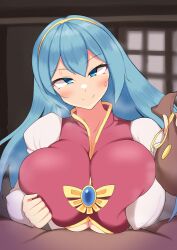 Rule 34 | 1boy, 1girl, absurdres, blue eyes, blue hair, blush, breasts, breasts squeezed together, breath, clothed paizuri, coins, dress, estpolis denki, eye contact, gem, hairband, hetero, highres, holding, jewelry, large breasts, long hair, looking at another, looking at viewer, lufia, merchant, money, money bag, naughty face, okera mushi, paizuri, paizuri under clothes, pov, puffy sleeves, smile, smug, steam, sweat, tia (estpolis denki)