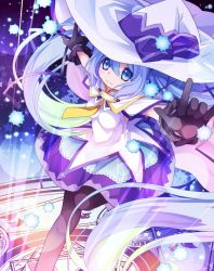 Rule 34 | 1girl, 54hao, blue eyes, blue hair, cape, gloves, hat, hatsune miku, highres, long hair, m/, magic circle, matching hair/eyes, outstretched arms, pantyhose, skirt, smile, solo, spread arms, twintails, very long hair, vocaloid, witch hat, yuki miku