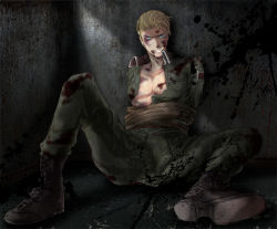 Rule 34 | 1boy, axis powers hetalia, bad id, bad pixiv id, blonde hair, blood, blue eyes, boots, bound, bruise, corner, germany (hetalia), grin, injury, kakesu (freiheit), male focus, military, military uniform, open clothes, open shirt, rope, shirt, smile, solo, tied up (nonsexual), uniform