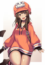 Rule 34 | 1girl, anchor, backpack, bag, bike shorts, breasts, brown hair, commentary request, dress, fingerless gloves, gloves, grey eyes, guilty gear, guilty gear strive, hat ornament, head tilt, highres, holding, holding weapon, hood, hood down, huge weapon, may (guilty gear), open mouth, orange headwear, orange shirt, shiny skin, shirt, skull and crossbones, skull hat ornament, small breasts, smile, solo, sweater, sweater dress, takanashi-a, thighs, weapon, white background