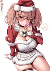 Rule 34 | 1girl, alternate costume, atlanta (kancolle), bell, belt, black belt, black choker, blush, breasts, brown hair, capelet, choker, cleavage, closed mouth, collarbone, commentary request, condom, condom wrapper, detached sleeves, earrings, ebifurya, embarrassed, fur-trimmed capelet, fur-trimmed sleeves, fur trim, grey eyes, hair between eyes, hand up, hat, headband, highres, holding, holding condom, invisible chair, jewelry, jingle bell, kantai collection, large breasts, looking at viewer, neck bell, pom pom (clothes), red capelet, red headband, red sleeves, santa costume, santa hat, single earring, sitting, solo, star (symbol), star earrings, sweatdrop, thigh strap, twitter username, two side up, white background