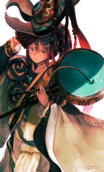 Rule 34 | 1girl, absurdres, arm up, artist name, black hair, blue eyes, dated, drum, garuku, hair between eyes, hand up, hat, highres, holding, holding instrument, instrument, long hair, looking at viewer, original, parted lips, ponytail, signature, simple background, solo, tibetan clothes, traditional clothes, white background
