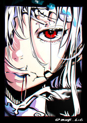 Rule 34 | 1girl, absurdres, black border, blue lips, border, chromatic aberration, clenched teeth, close-up, cracked skin, dripping eye, hair over one eye, highres, long hair, looking at viewer, mouth hold, mugi626, original, parted lips, portrait, red eyes, screentones, solo, straight-on, teeth, teeth hold, twitter username, white hair