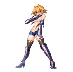 Rule 34 | 1girl, armored boots, blonde hair, boots, breasts, full body, gauntlets, lebe safree (taimanin asagi), lilith-soft, looking at viewer, navel, nipples, open mouth, short hair, shorts, simple background, small breasts, solo, standing, sweat, taimanin (series), taimanin asagi, taimanin rpgx, tongue, tongue out, zol