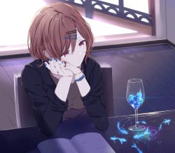 Rule 34 | 1girl, black sweater, blue nails, book, brown eyes, brown hair, chair, commentary request, cup, drinking glass, fish, hair between eyes, hair ornament, hairclip, hand on own cheek, hand on own face, highres, higuchi madoka, idolmaster, idolmaster shiny colors, medium hair, mole, mole under eye, nail polish, open book, shimashi (mori no sato), sitting, sweater, table, watch, window, wooden floor