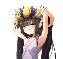 Rule 34 | 1girl, androgynous, armpits, arms up, bare shoulders, black hair, blush, breasts, emia (castilla), flower, hair flower, hair ornament, haori, headpiece, japanese clothes, jewelry, long hair, lots of jewelry, puzzle &amp; dragons, red eyes, simple background, small breasts, solo, sweatdrop, tsukuyomi (p&amp;d), very long hair, white background, yomi (p&amp;d)