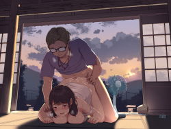 Rule 34 | 1boy, 1girl, all fours, ass, ass grab, black-framed eyewear, black hair, blush, bottomless, breast press, breasts, breath, cloud, cloudy sky, cum, cum on ass, doggystyle, electric fan, game cg, glasses, heavy breathing, hetero, highres, indoors, large breasts, mole, mole under mouth, open mouth, purple eyes, satsuki neko, sex, sex from behind, short hair, sky, smile, strap slip, sunset, sweat, tears, top-down bottom-up