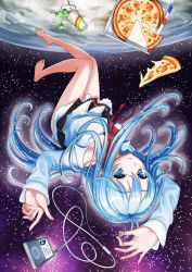 Rule 34 | 10s, 1girl, barefoot, blue eyes, blue hair, cup, denpa onna to seishun otoko, digital media player, earth (planet), face, feet, floating, food, foreshortening, frills, highres, ipod, kyodairobo, long hair, looking at viewer, matching hair/eyes, miniskirt, pizza, pizza box, planet, pleated skirt, product placement, skirt, solo, space, sparkle, star (sky), toes, touwa erio, upside-down, very long hair