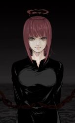 Rule 34 | 1girl, arms behind back, black dress, blood, blood halo, braid, braided ponytail, chain, chainsaw man, dark background, dress, gradient background, halo, highres, liquid halo, looking at viewer, makima (chainsaw man), medium hair, nyokki dream666, partially colored, red hair, red halo, ringed eyes, shore, sidelocks, solo, straight-on, yellow eyes