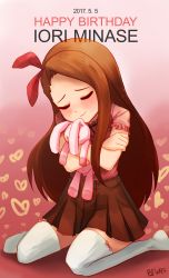 Rule 34 | 1girl, absurdres, black ribbon, blush, bow, brown hair, brown skirt, buttons, character name, closed eyes, closed mouth, commentary request, dated, english text, full body, gradient background, hairband, happy birthday, heart, highres, idolmaster, idolmaster (classic), long hair, long sleeves, minase iori, no shoes, hugging object, on floor, pink background, pink bow, pink shirt, pleated skirt, red hairband, ribbon, shadow, shirt, signature, sitting, skirt, solo, stuffed animal, stuffed rabbit, stuffed toy, swbyoun, thighhighs, two-tone background, wariza, zettai ryouiki
