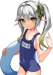 Rule 34 | 1girl, arm up, bcag., blue one-piece swimsuit, covered navel, flat chest, genshin impact, gradient hair, green eyes, green hair, grey hair, highres, innertube, long hair, looking at viewer, multicolored hair, nahida (genshin impact), one-piece swimsuit, pointy ears, school swimsuit, side ponytail, simple background, solo, swim ring, swimsuit, thighs, two-tone hair, white background