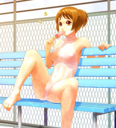 Rule 34 | barefoot, brown hair, feet, food, majoora, one-piece swimsuit, original, popsicle, red eyes, see-through, solo, spread legs, swimsuit, white one-piece swimsuit