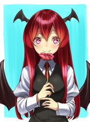 Rule 34 | 1girl, bad id, bad pixiv id, bat wings, blue background, blush, colored eyelashes, dress shirt, female focus, flower, head wings, holding, holding flower, koakuma, long hair, long sleeves, looking at viewer, low wings, necktie, pink eyes, red necktie, shirt, simple background, smile, solo, touhou, unowen, vest, white shirt, wings