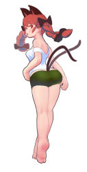 Rule 34 | 1girl, absurdres, animal ears, bare shoulders, barefoot, black bow, bow, braid, cat ears, cat tail, extra ears, green shorts, hair bow, highres, kaenbyou rin, long hair, multiple tails, red eyes, red hair, serakawa, shorts, simple background, sleeveless, solo, tail, tank top, touhou, twin braids, white background, white tank top