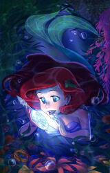 Rule 34 | 1girl, absurdres, air bubble, ariel (disney), artcrawl, blue eyes, blush, bottle, breasts, bubble, glowing, green tail, highres, holding, holding bottle, jewelry, long hair, medium breasts, mermaid, monster girl, open mouth, red hair, ring, solo, teeth, the little mermaid, underwater