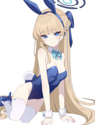 Rule 34 | 1girl, absurdres, animal ears, blonde hair, blue archive, blue bow, blue bowtie, blue eyes, blue footwear, blue hair, blue halo, blue leotard, blush, bow, bowtie, braid, closed mouth, detached collar, fake animal ears, fake tail, groin, halo, high heels, highres, leotard, long hair, looking at viewer, multicolored hair, official alternate costume, playboy bunny, rabbit ears, rabbit tail, ruiyuzawa, simple background, solo, strapless, strapless leotard, streaked hair, tail, thighhighs, toki (blue archive), toki (bunny) (blue archive), white background, white thighhighs, wrist cuffs