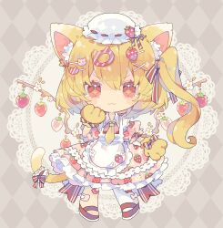 Rule 34 | 1girl, :3, alternate costume, animal ear fluff, animal ears, animal hands, apron, argyle, argyle background, argyle clothes, bandaid, bandaid on leg, blonde hair, blush stickers, cat ears, cat tail, closed mouth, doily, dress, flandre scarlet, food print, frilled dress, frills, fruit hair ornament, gloves, hair between eyes, hair ornament, hairclip, hat, highres, long hair, mob cap, necktie, nikorashi-ka, pantyhose, paw gloves, pink dress, red eyes, red footwear, shoes, short sleeves, side ponytail, single leg pantyhose, smile, solo, strawberry print, tail, touhou, white apron, white hat, white pantyhose, wings, x hair ornament, yellow gloves, yellow necktie