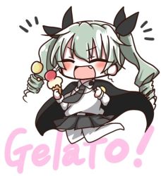 Rule 34 | 10s, 1girl, anchovy (girls und panzer), black necktie, cape, closed eyes, commentary request, cone, drill hair, fang, food, girls und panzer, hair ribbon, ice cream, jako (jakoo21), jumping, long hair, long sleeves, necktie, open mouth, pantyhose, pleated skirt, ribbon, school uniform, shirt, skirt, solo, twintails, white pantyhose, white shirt