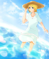 Rule 34 | 1girl, barefoot, blonde hair, blue eyes, blue hoodie, blue skirt, blue sky, blush, boru (ochagashi), closed mouth, commentary request, day, full body, hair ornament, hairclip, hat, highres, hood, hood down, hoodie, kagamine rin, looking at viewer, outdoors, short hair, skirt, sky, smile, solo, sun hat, vocaloid, water