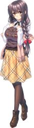 Rule 34 | 1girl, absurdres, amakano ~second season~, azarashi soft, blush, boots, braid, brown hair, full body, game cg, highres, long hair, long sleeves, low-tied long hair, pantyhose, piromizu, plaid, plaid skirt, red eyes, scarf, skirt, smile, solo, tachi-e, takayashiro yuzuka, transparent background