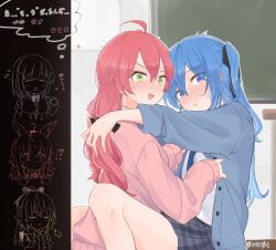 Rule 34 | 5girls, ahoge, animal ears, blue cardigan, blue eyes, blue hair, blush, cardigan, caught, chalkboard, closed eyes, commentary request, fox ears, green eyes, grey skirt, highres, hololive, hoshimachi suisei, indoors, long hair, long sleeves, looking at viewer, multiple girls, omaru polka, open mouth, parted lips, pink hair, pink sweater, plaid, plaid skirt, pleated skirt, pointy ears, sakura miko, school uniform, shiranui flare, shirogane noel, shirt, skirt, sleeves past wrists, smile, sweatdrop, sweater, translation request, tsubudashi, twintails, twitter username, virtual youtuber, walk-in, white shirt, yuri