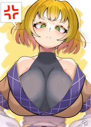Rule 34 | 1girl, angry, blonde hair, breasts, detached sleeves, green eyes, hands on own hips, highres, kaitojaja19980520, large breasts, looking at viewer, mizuhashi parsee, shirt, sleeveless, sleeveless shirt, speech bubble, tagme, touhou, white background