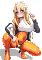 Rule 34 | 1girl, absurdres, bikini, bikini bottom only, bikini over clothes, blonde hair, blue eyes, blush, bodysuit, braid, breasts, closed mouth, covered navel, crop top, goddess of victory: nikke, grey jacket, hair between eyes, headgear, highres, hiuyec, hood, hood down, hooded jacket, jacket, large breasts, latex, latex bodysuit, long hair, looking at viewer, multicolored clothes, multicolored jacket, off-shoulder jacket, off shoulder, orange bodysuit, sidelocks, skin tight, smile, solo, spread legs, squatting, swimsuit, tove (nikke), two-tone jacket, v, white jacket