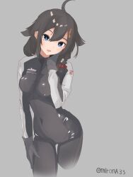Rule 34 | 1girl, ahoge, alternate costume, black bikesuit, black bodysuit, black hair, blue eyes, bodysuit, braid, breasts, cropped legs, grey background, hair flaps, hair over shoulder, highres, kantai collection, long hair, medium breasts, miron (mirona33), one-hour drawing challenge, shigure (kancolle), shigure kai ni (kancolle), single braid, solo, twitter username