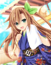 Rule 34 | 10s, 1girl, alternate costume, bow, brown hair, derivative work, green eyes, hair between eyes, hair bow, hammer, highres, if (neptunia), image sample, japanese clothes, kimono, long hair, looking at viewer, neptune (series), planeptune, smile, solo, sparkle, towel