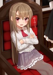 Rule 34 | 1girl, absurdres, chair, commentary request, crossed arms, hair between eyes, highres, crossed legs, light brown hair, long hair, long sleeves, looking at viewer, open mouth, original, pantyhose, red eyes, shirt, sitting, skirt, solo, takamiya nao, thick eyebrows, translation request, upper body